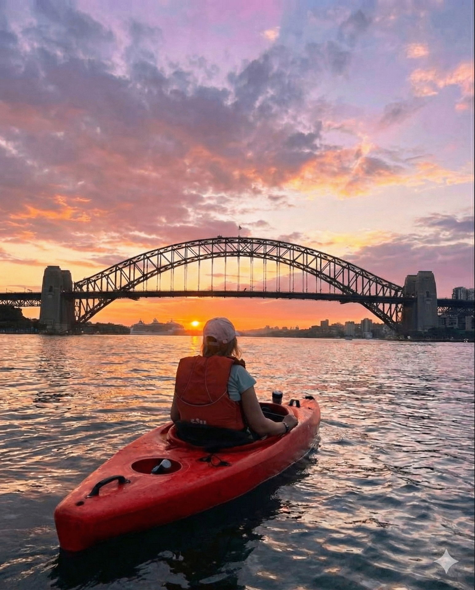Kayaker watching sunset at Harbour Bridge